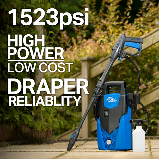 Draper Storm Force Pressure Washer 105Bar | 1400W Jet Power Washer | Snow Foam Gun | 1522Psi Patio and Car Cleaner | 98674, Blue