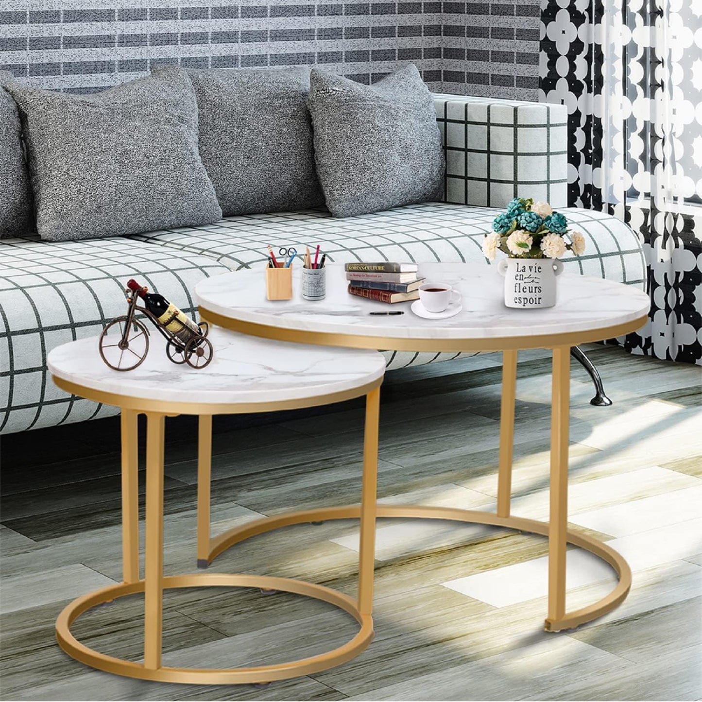 Garden 4 you Round Nesting Coffee Table Set of 2 for Living Room,Marble Center Tea Nest of Table with Metal Frame,End Side table for Small