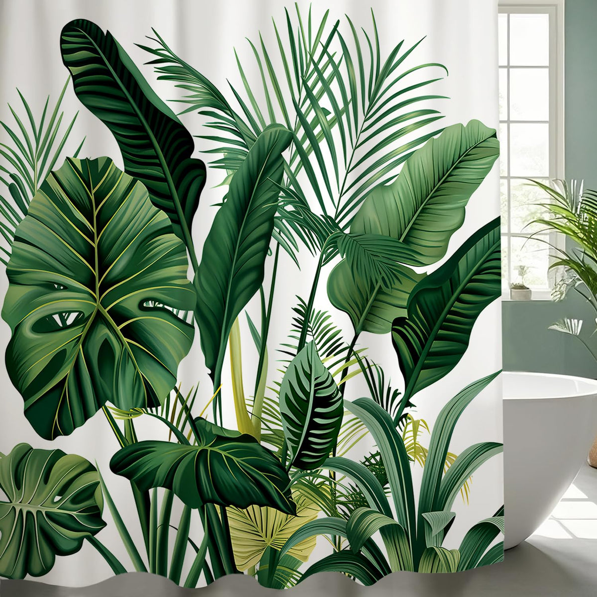 NEJLCTOROUS Shower Curtain Green,Tropical Leaves Bathroom Curtain,Polyester Washable Fabric Leaf Plant Bath Curtain with 12 Hooks for Wet Room (200cm