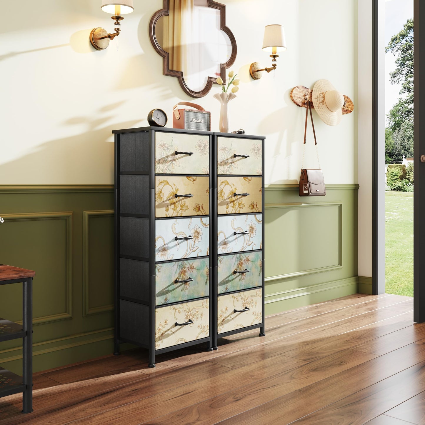 CAIYUN Chest of Drawers Bedroom with 5 Drawers, Tall Fabric Dressers with Flower Printing, Dresser for Entryway Hallway Living Room, Closet Storage