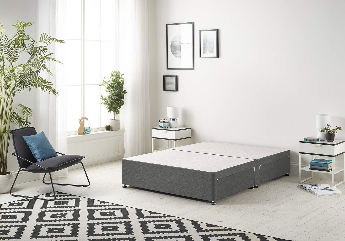 Bed Centre Flexby Divan Base Only with No Drawers and No Headboard - Available in 3ft,4ft,5ft and 6ft- Fabric (5FT King, Linen Grey Fabric)
