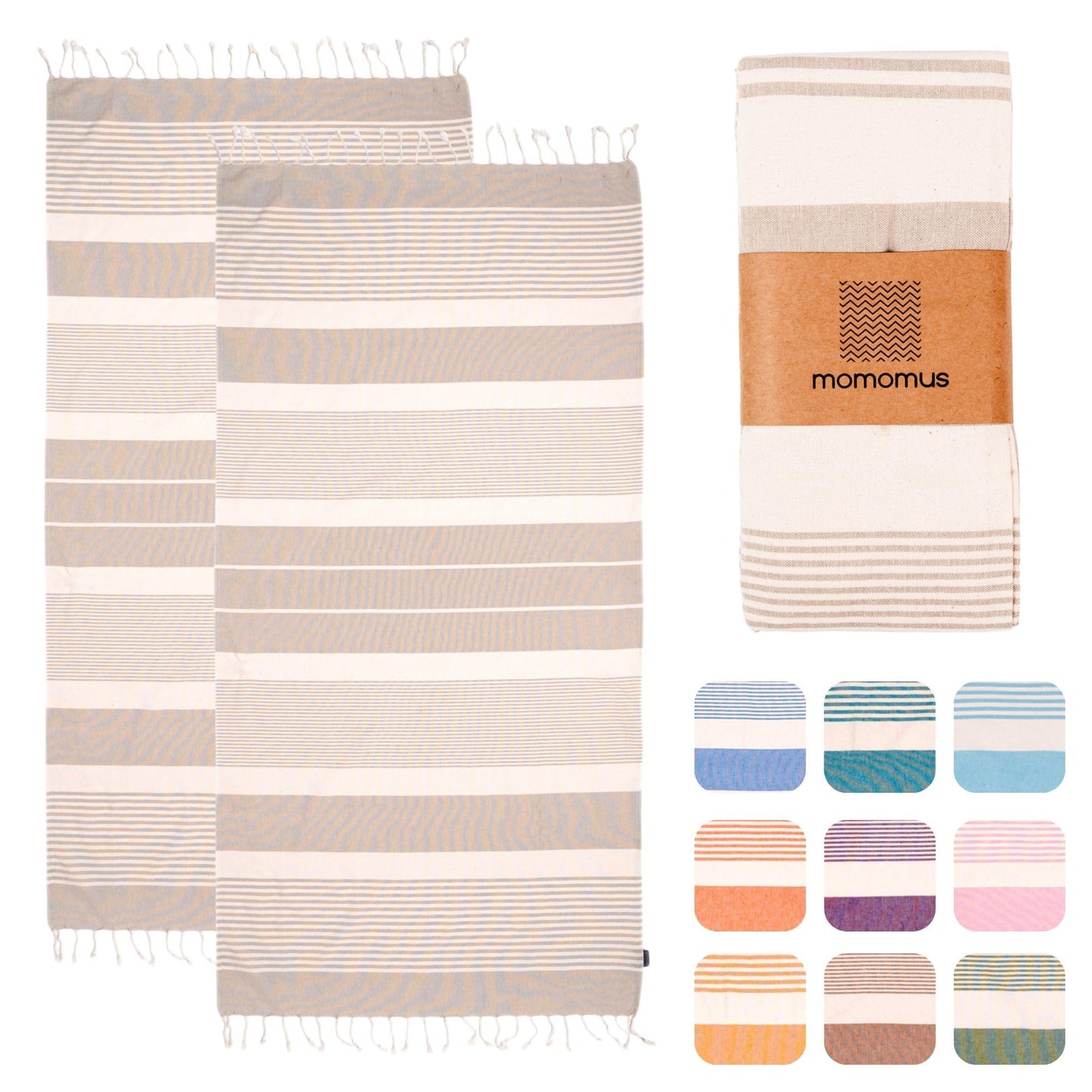 MOMOMUS 2 Pack XL Fouta or Cotton Beach Towels for Adults - Compact, Ultra-Soft, Absorbent - Extra Large Beach Towels for Adults - Beige 90x180cm