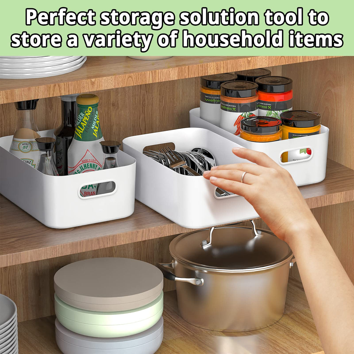W&H 10 PCS White Plastic Storage Boxes with Handle, Small Plastic Storage Baskets for Shelves, Cupboard Organizer for Bathroom, Drawer, Kitchen