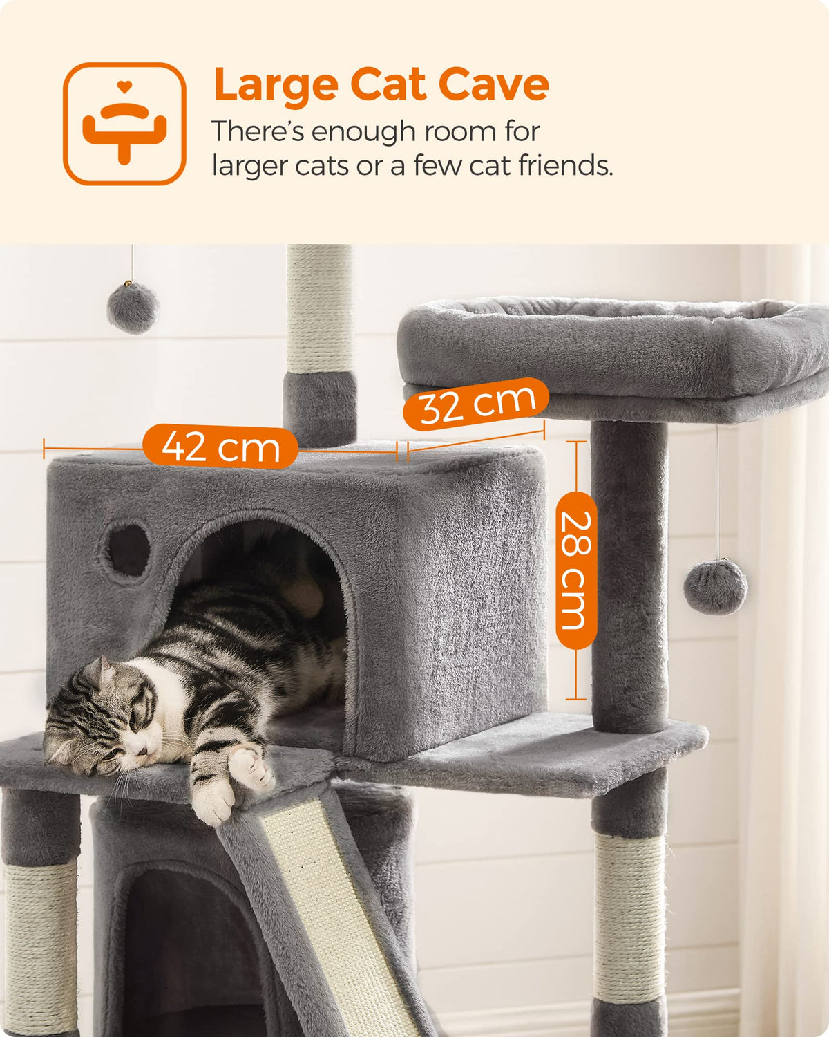 FEANDREA Cat Tree, Cat Condo with 2 Cat Caves, 155 cm, Light Grey PCT163W01