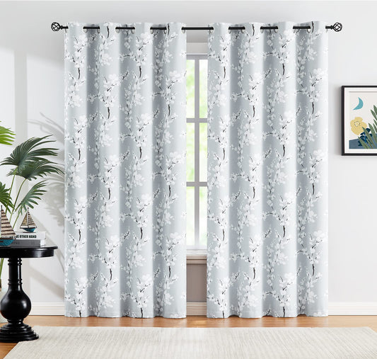 Fmfunctex Grey Floral Blackout Curtains for Bedroom 54 inch Drop Eyelet Curtains for Living Room Nursary Blossom Thermal Insulated Window Curtain