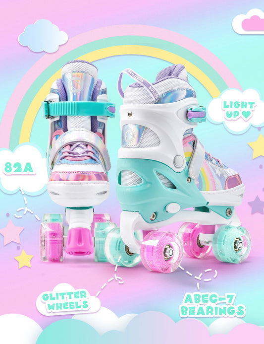 SULIFEEL Rainbow Unicorn 4 Size Adjustable Light up Roller Skates for Girls Boys for Kids - Large 2-5 UK