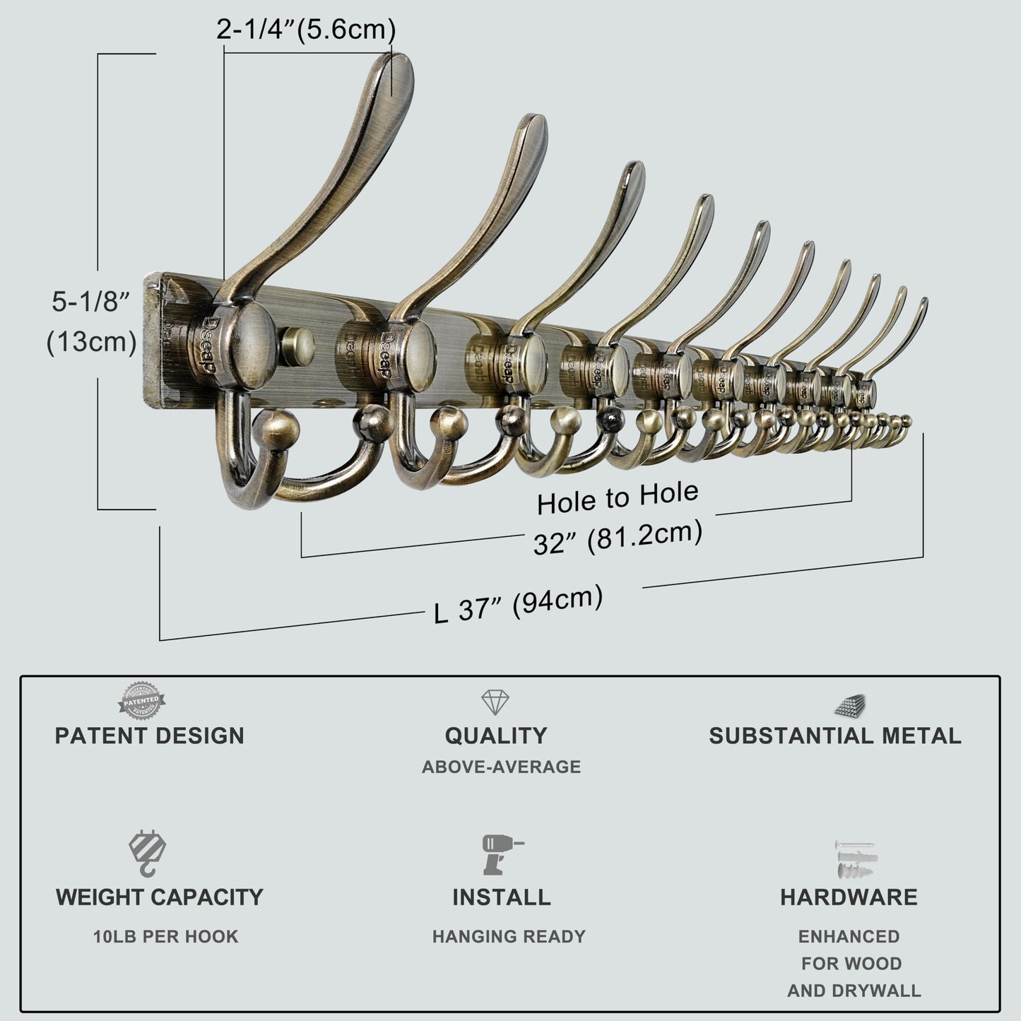 Dseap Coat Rack Wall Mount 94cm, Heavy Duty 2.5mm Base vs Flimsy 1mm, Double-Thick Solid Anti-Snap Hooks