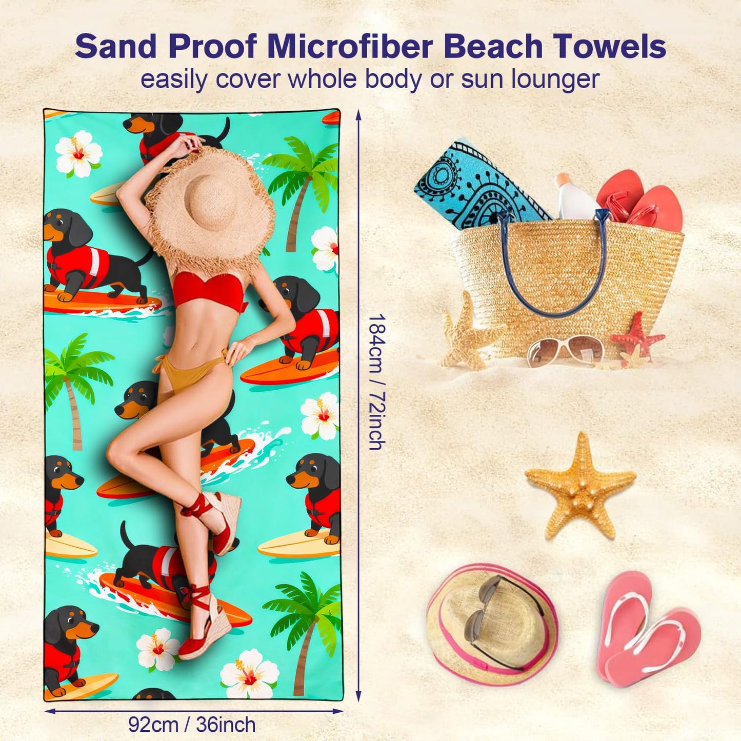 Violetpos Surfing Dachshund Beach Towel, Extra Large 180x90 cm 250GSM Microfibre, Sand Free Quick Dry
