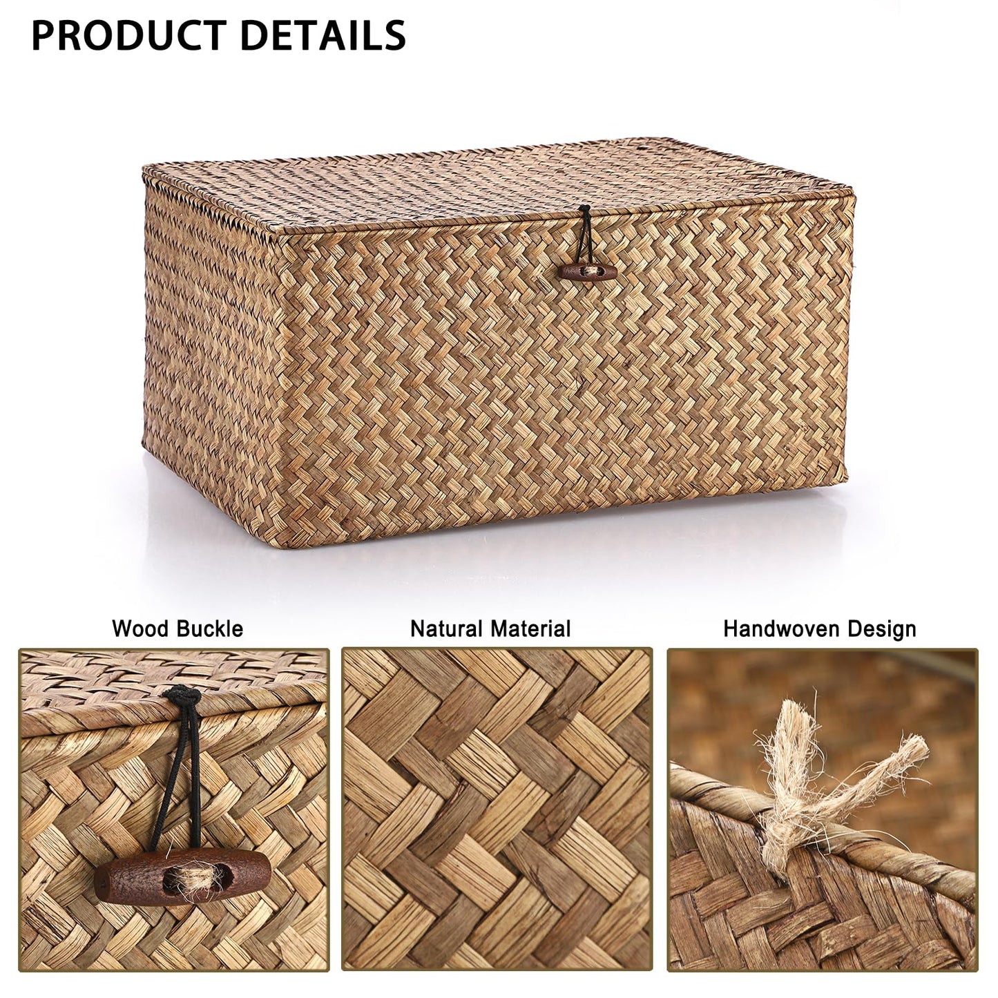 IGNPION Seagrass Storage Basket with Lid, Wicker Woven Shelf Basket, Coffee