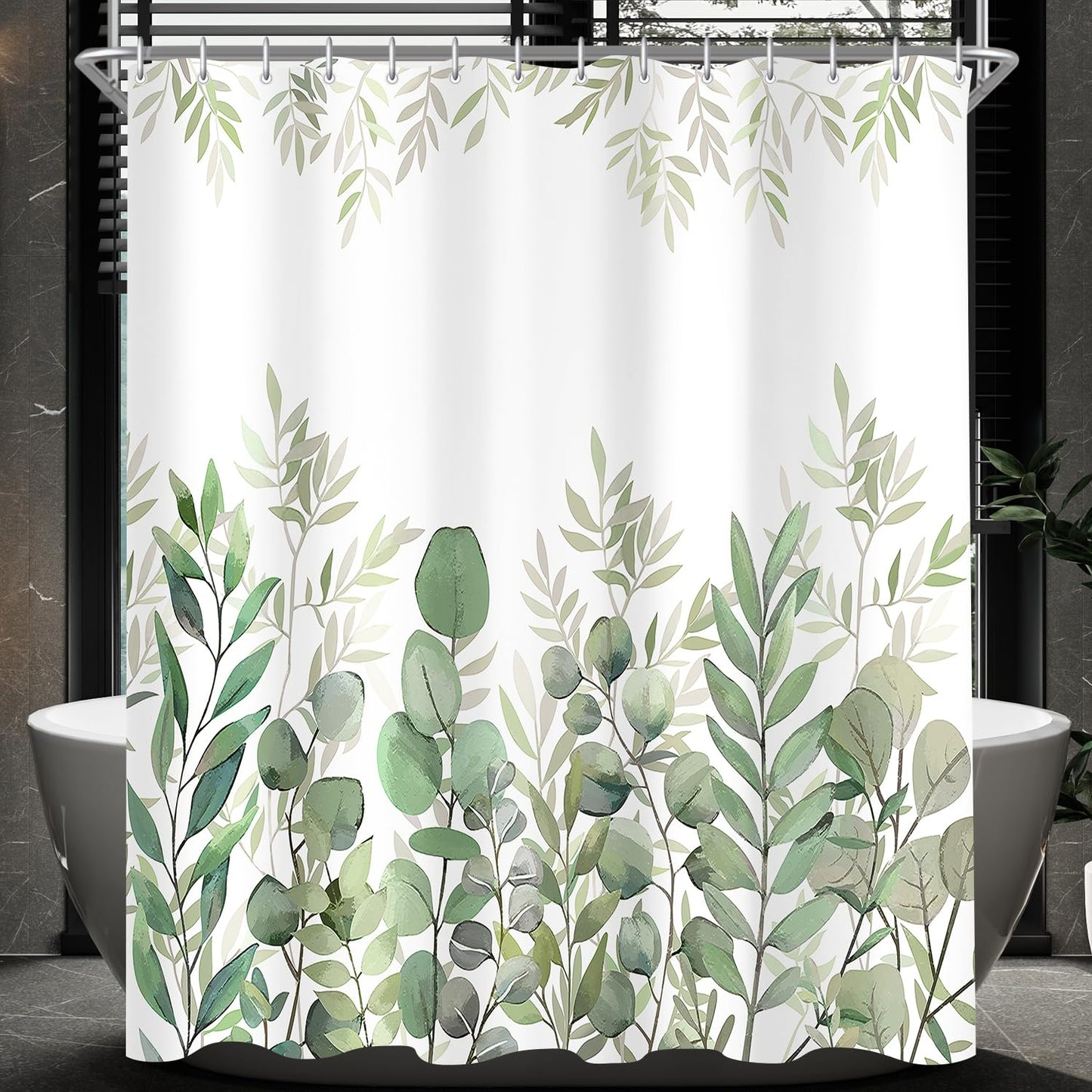 Lerores Shower Curtain 180 x 200 cm Leaves Weighted Hem Anti-Mould Textile Waterproof Surface Washable Polyester Fabric Bath Curtains for Bathroom