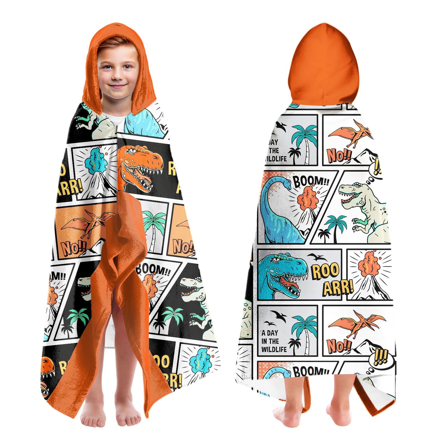 CZZDERAM Dinosaur Beach Towels for Boys for Kids Ages 4-8,Dino Hooded Bath Towels Wrap for Toddler Teen Boy 30x50 inch Quick Dry Orange Toddler Towel