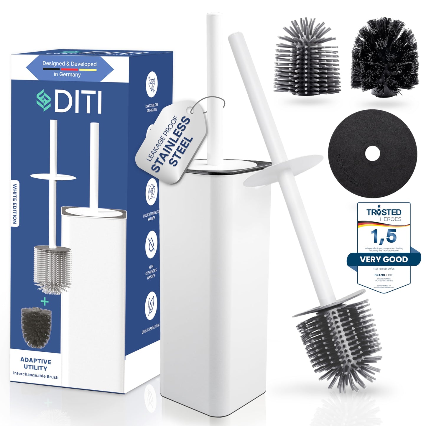 DITI Stainless Steel Toilet Brush White - Square Silicone Toilet Brush with Holder & Splash Guard - Antibacterial & Rustproof Toilet Brush - Includes