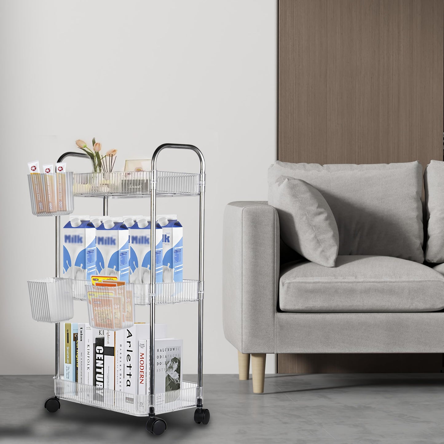 Speclux 3-Tier Clear Acrylic Rolling Storage Trolley on Wheels with Bonus Hanging Cups, Lockable Wheels & Handle