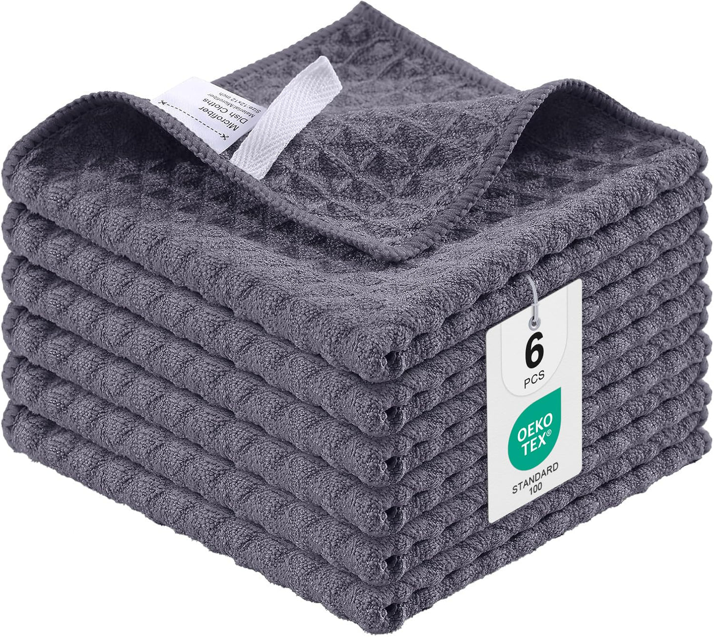 Moosfor Set of 6 Microfibre Cloths, Super Absorbent and Soft Tea Towels, Quick-Drying and Lint-Free Cleaning Cloths, 30 x 30 cm, Dark Grey