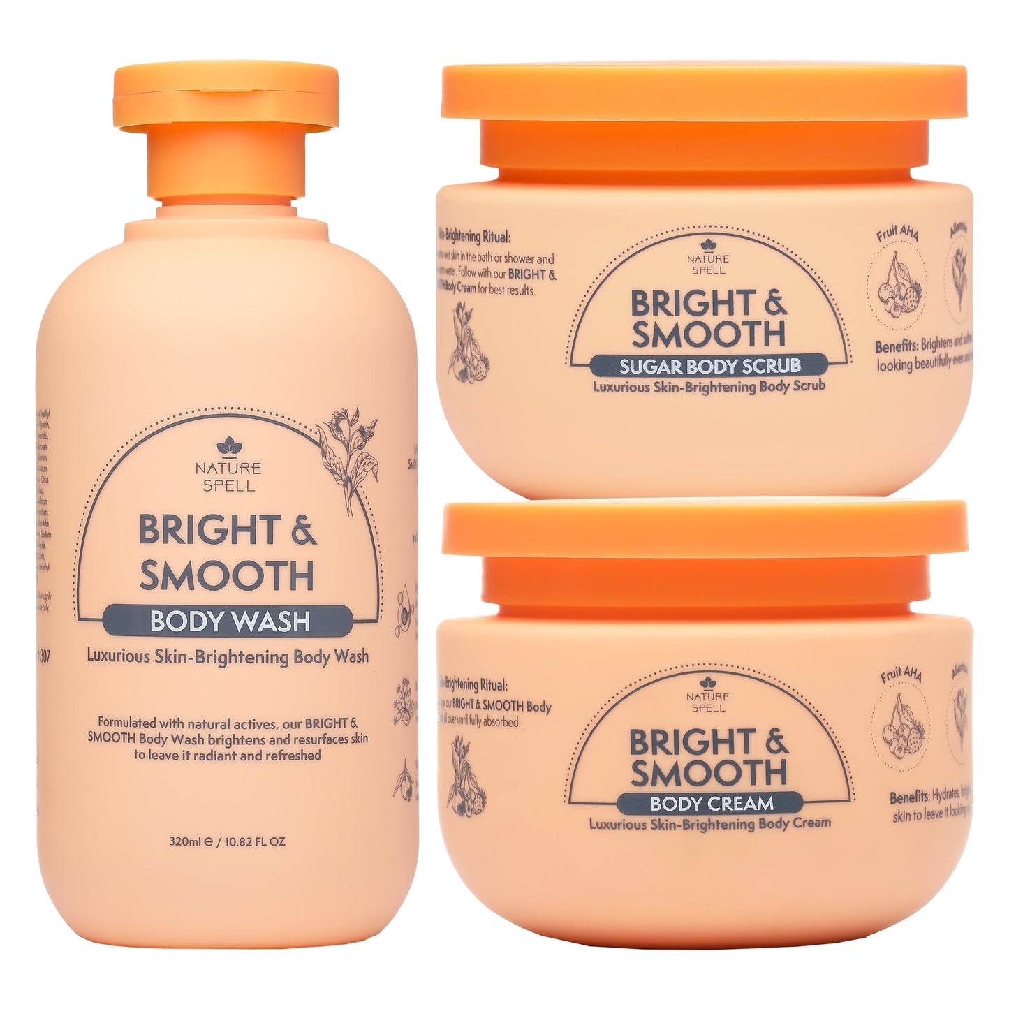 Nature Spell Bright & Smooth Body Care Gift Set for Women, Body Wash, Sugar Scrub and Cream with Vitamin C, AHA Fruit, Allantoin, Vegan, Set of 3