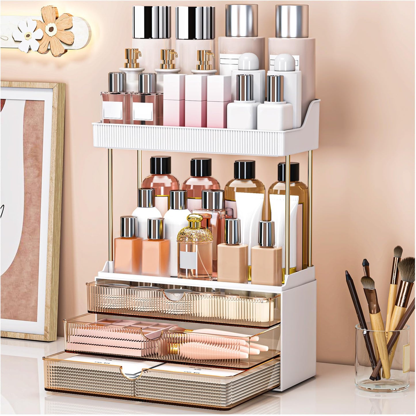 Storivo Makeup Organiser,3 Tier Drawer,Large Vanity Organiser, Multifunctional Organizers, Dressing Table Organiser, Makeup Brushes,Skincare, Perfume,