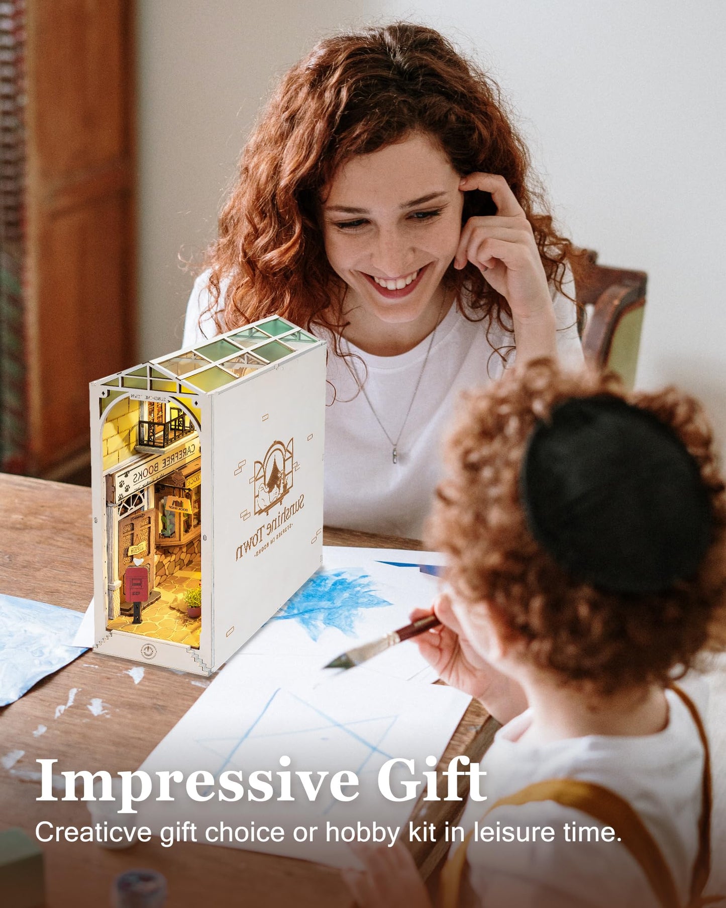 Rolife Book Nook Kits Booknook for Adults 3D Wooden Puzzle Model Kits for Bookshelf Bookends Decor with Furniture and Accessories (Sunshine Town)