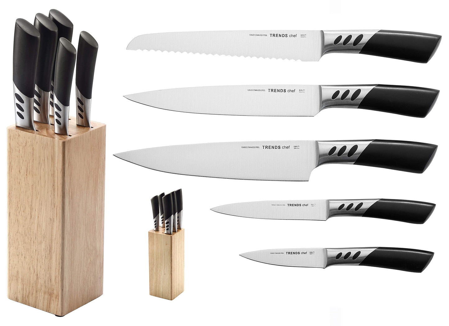 TRENDS Kitchen Knife Set Home, 5 Pc Knives, Plus Block. Double Forged from Professional German Steel Makes These Ultra Sharp Ergonomic Set of Kitchen