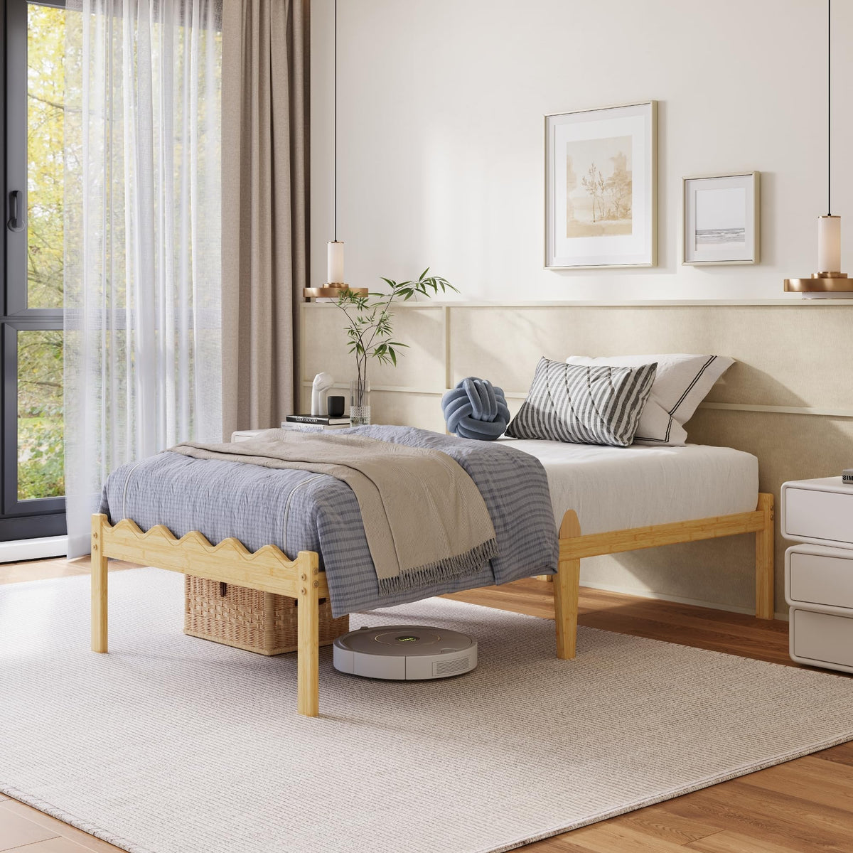 Hunlostten Wooden Single Bed Frame - Modern Bamboo Wood Style Bed Frame with Headboard and Footboard Underbed Storage Slats Support Easy to Install