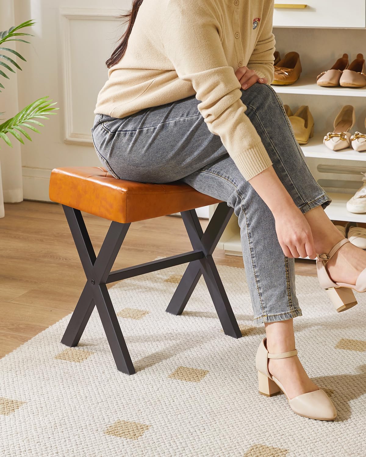 IBUYKE U-Shaped PU Vanity Stool, X-Leg Makeup Chair, Light Brown WBD019J