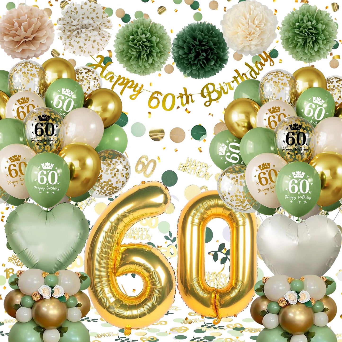 60th Birthday Decoration for Women Men, Green Gold Balloons Decorations with Happy 60th Birthday Banner, Number 60 Foil Confetti Balloon for Party
