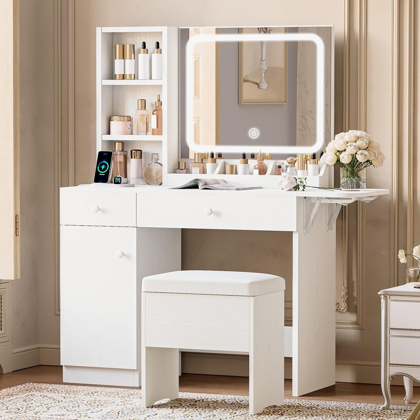 IRONCK Vanity Desk with LED Mirror and Lights, Dressing Table with Charging Station, 2 Drawers & Storage Cabinet, Dimmable Lighting (3 Color