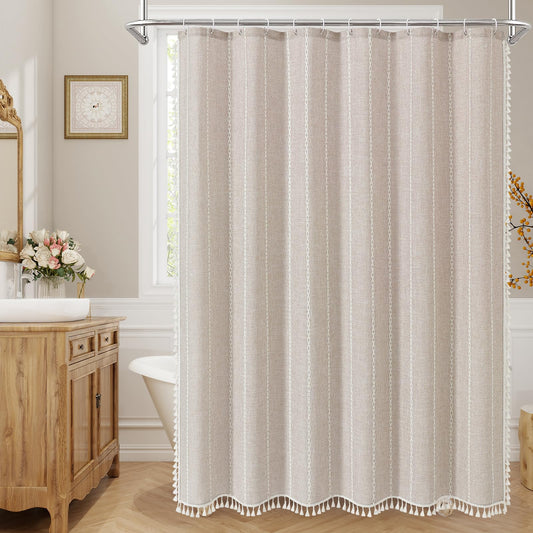 MitoVilla Boho Farmhouse Fabric Shower Curtain, Tan Brown Modern Cotton Linen Shower Curtains for Vintage Country Bathroom Decor