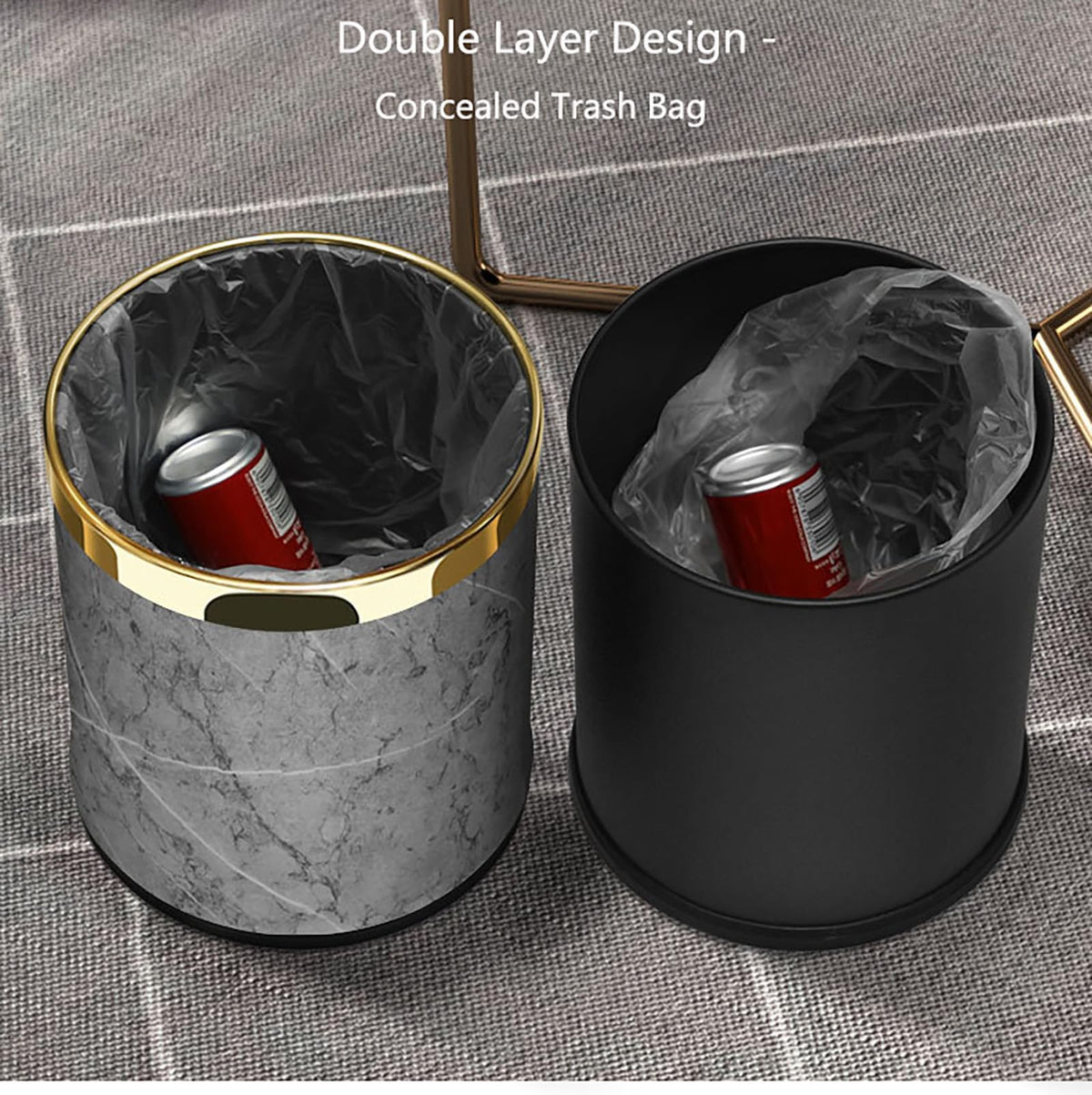 SXYLOB Luxury Metal Waste Bin 10L, Double Layer Trash Can PU Leather Covered Round Wastebasket Dust Bins for Kitchen Bathroom Hotel Office (Grey Hui)