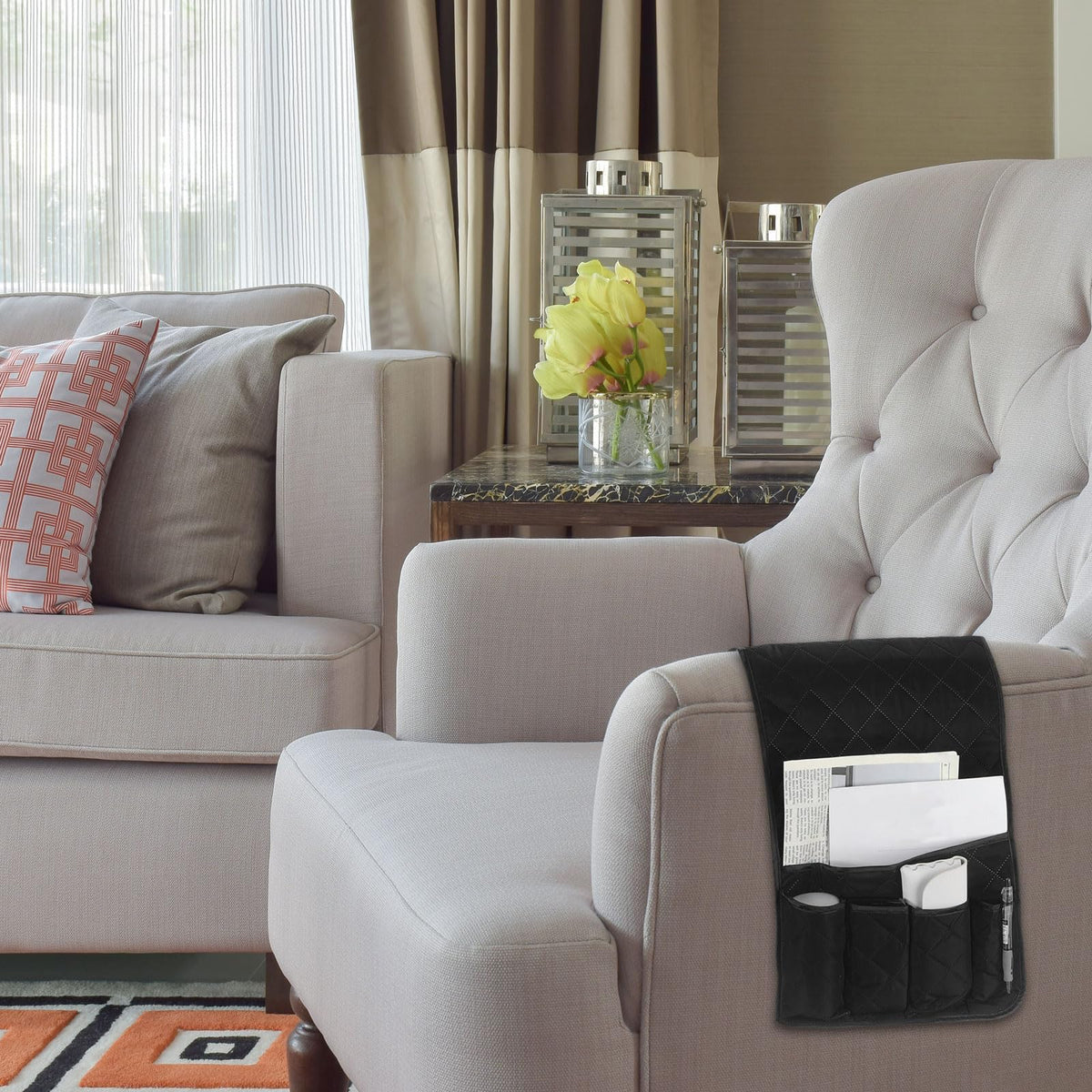 sourcing map 1 Pcs Recliner Armchair Caddy, Couch Armrest Organizer with 5 Pockets for Bedside Sofa Remote Control Holder Magazine Phone Book Glasses