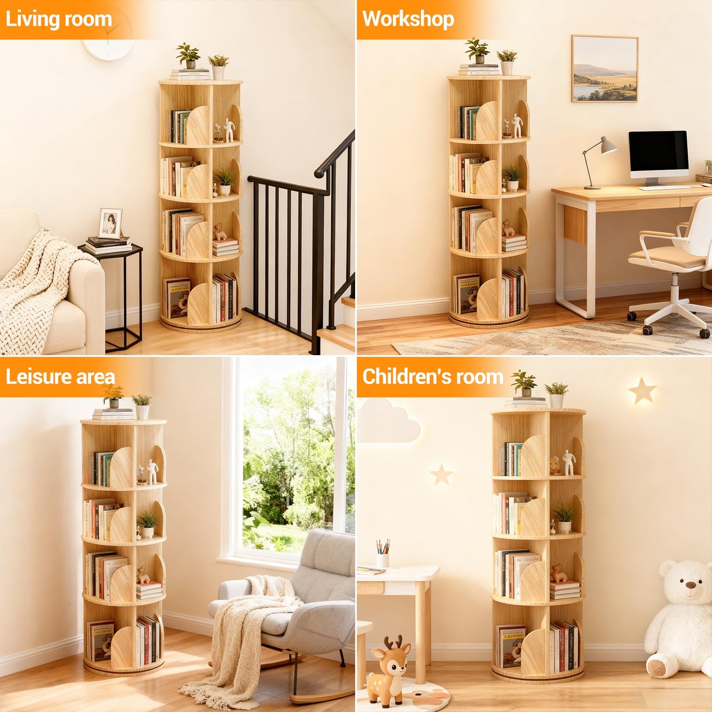 Lidzopas 360° Rotating Bookcase, Solid Wood Standing Shelf, Floor Standing Bookcase, Multifunctional Bookcase, Storage Shelf for Children, Adults