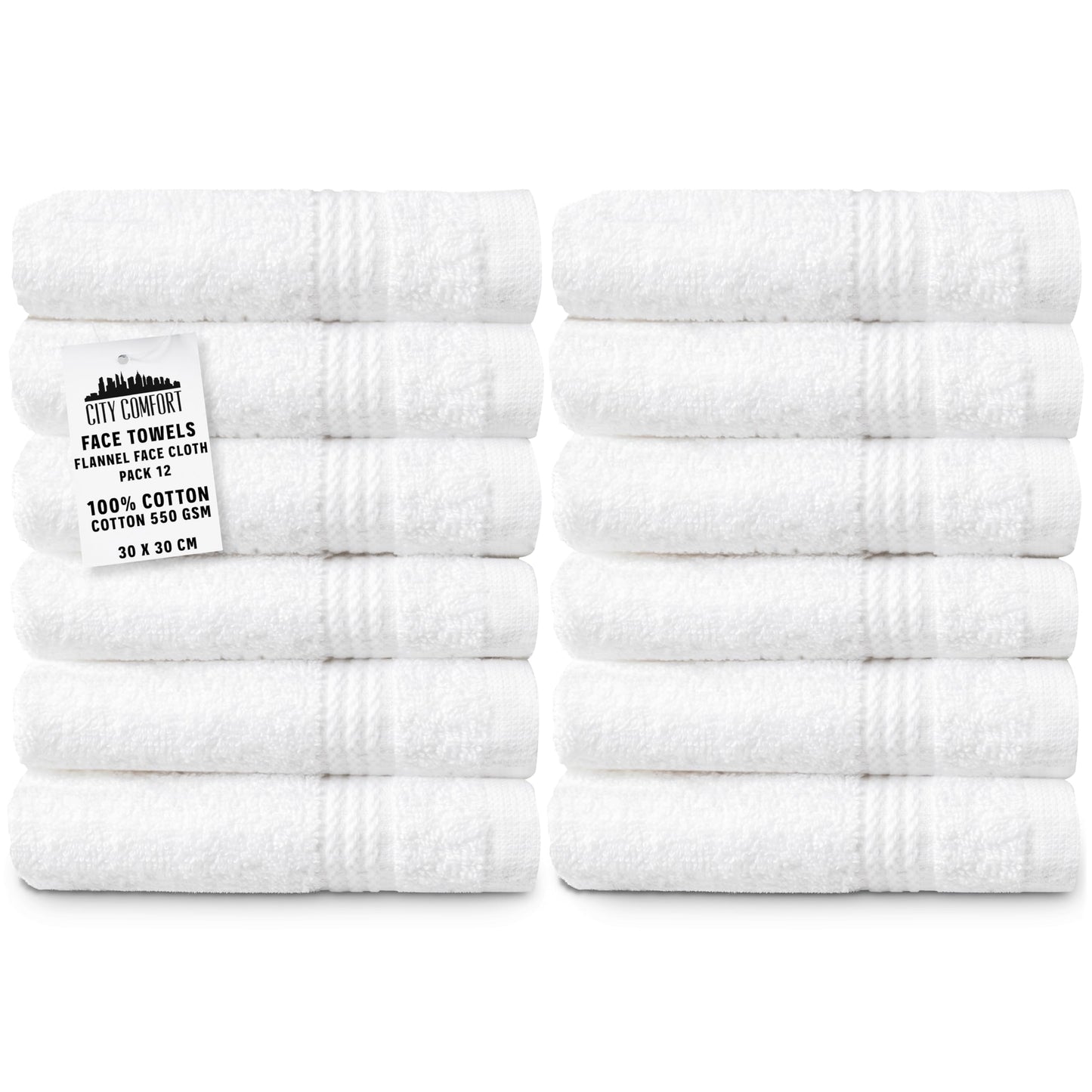 CityComfort Flannels Pack of 12 Face Towels 100% Cotton 550 GSM 30x30cm Highly Absorbent Soft Wash Cloth Household Essentials (White - 12 Pack)