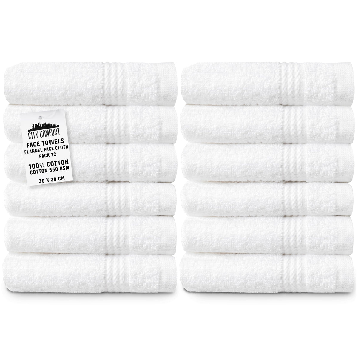 CityComfort Flannels Pack of 12 Face Towels 100% Cotton 550 GSM 30x30cm Highly Absorbent Soft Wash Cloth Household Essentials White - 12 Pack