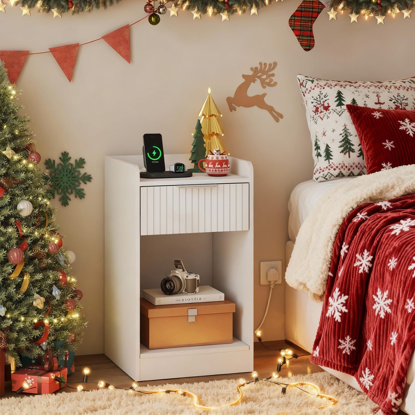 YOSHOOT Nightstand with Charging Station and NFC Lock Cabinet, Bedside Table with Hidden Compartment for Valuables Storage, End Table with Drawer and