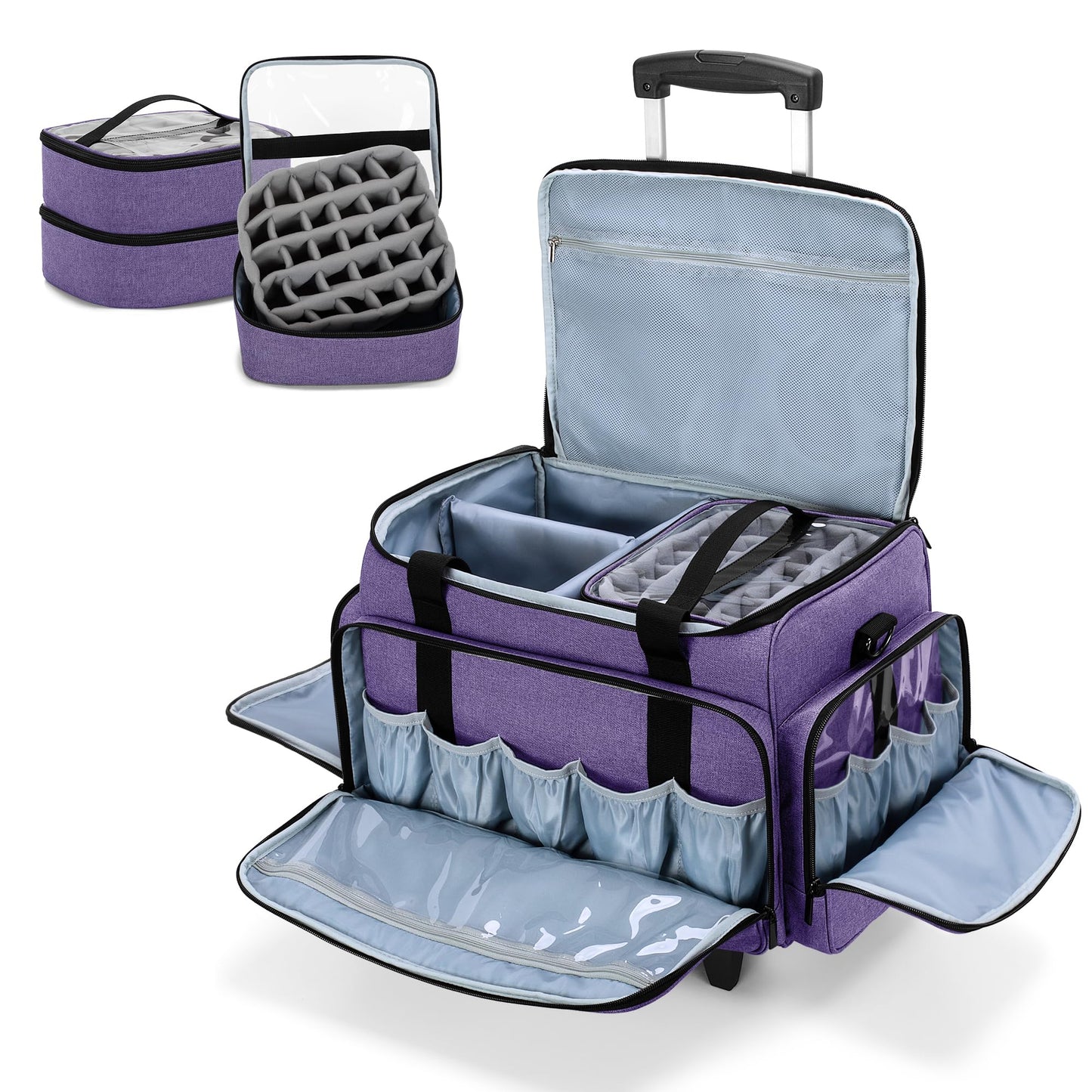 Luxja Rolling Nail Polish Organiser Holds 90 Bottles and a Nail Lamp, Rolling Nail Polish Case with a Detachable Dolly and 3 Removable Cases