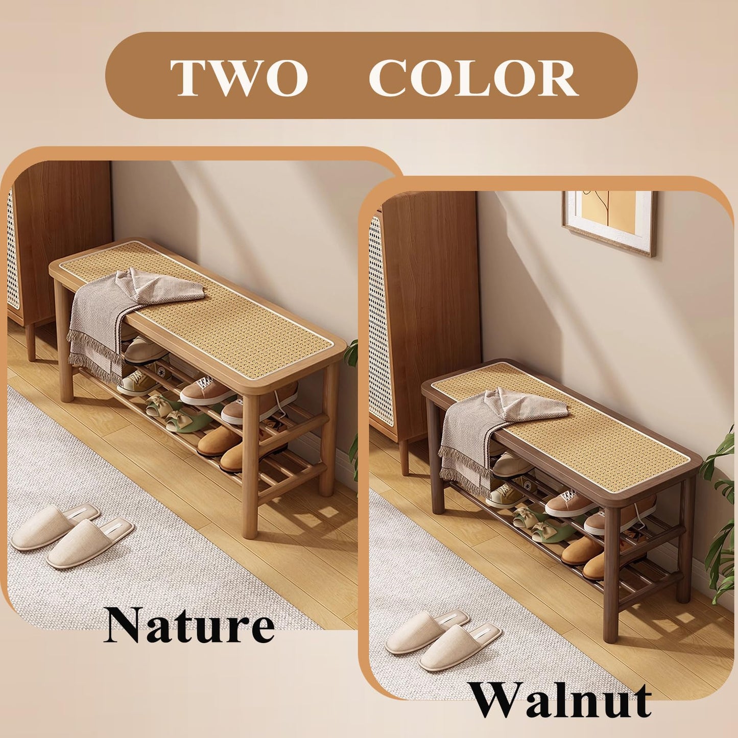 SOBIBO Bamboo Shoe Rack Bench with Rattan Seat, 3-Tier Shoe Storage Bench, Entryway Bench for Hallway,Walnut 39.4 inches