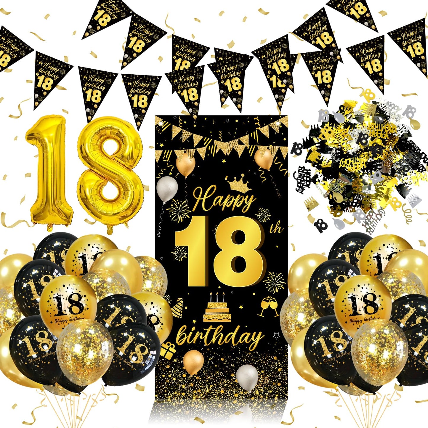 18th Birthday Decorations for Boys Girls, 18th Birthday Balloons Black Gold with 18 Balloons, Triangle Flag Banner, Banner | 18 Year Old Party