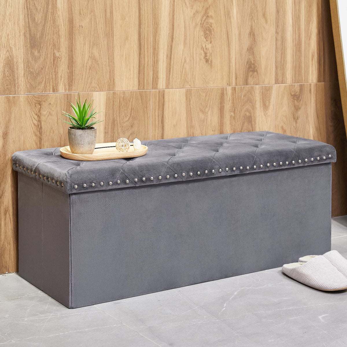 Bonlife Grey Velvet Ottoman Storage,Extra Large End of Bed Storage Box with Lids,Footstool Folding Ottoman Bench Window Seat with Rivet,110x40x40cm