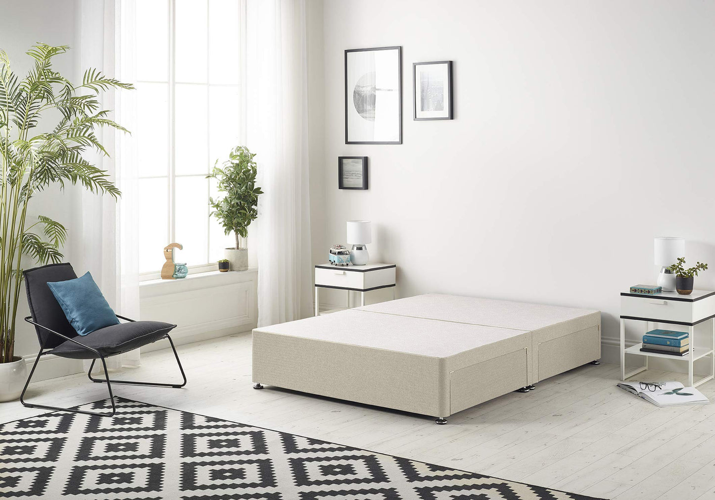 Bed Centre Flexby Divan Base Only with No Drawers and No Headboard - Available in 3ft,4ft,5ft and 6ft- Fabric (4FT6 Double, Tweed Natural Fabric)