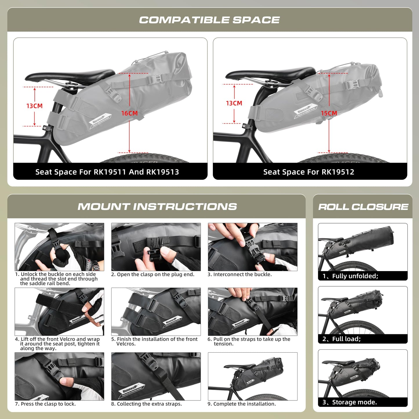 Rhinowalk Bike Saddle Bag Waterproof Bicycle Bag Cycling Seat Bag Mountain Road Portable Storage Bag, 10L