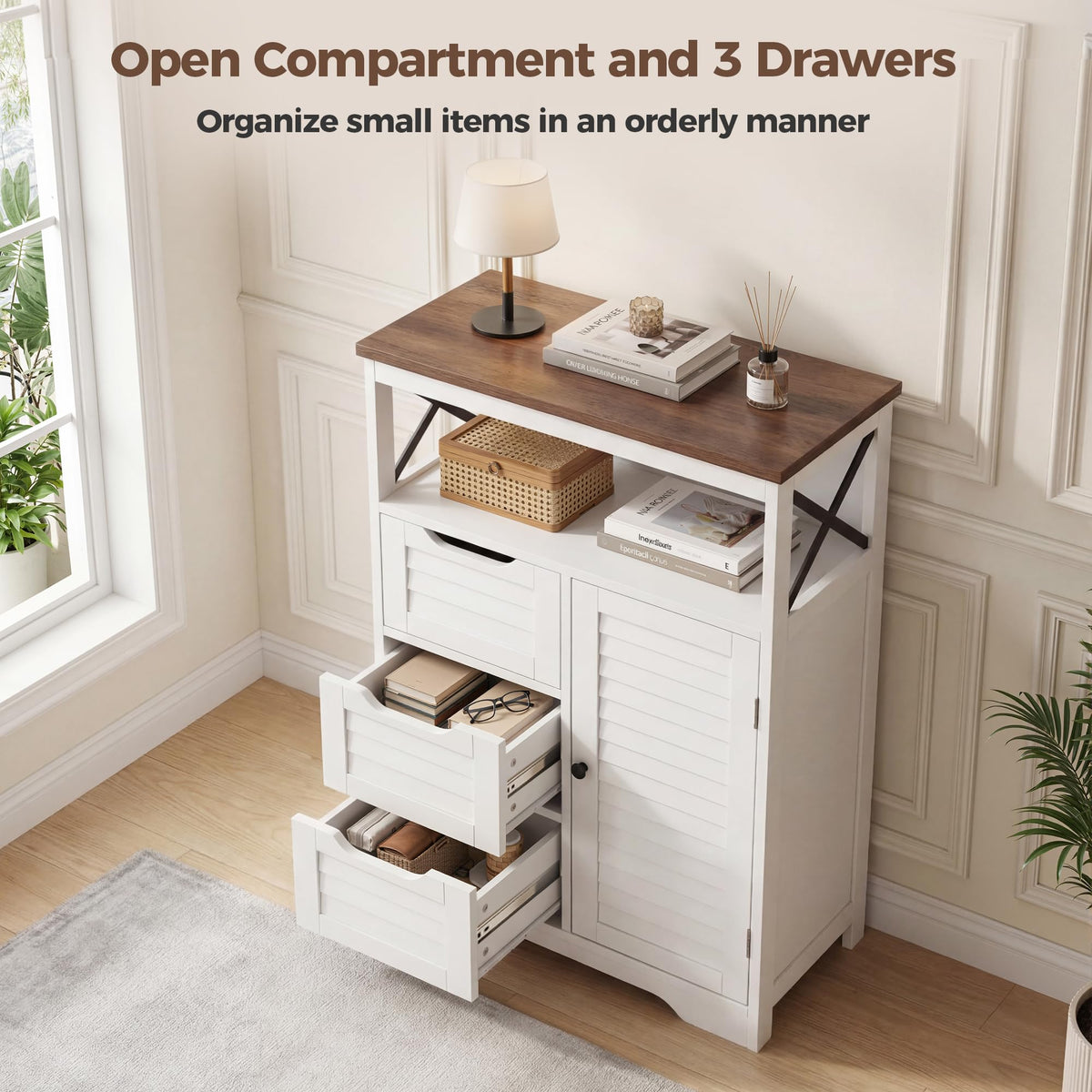 BonVache Kitchen Cabinet, Louvre design, Sideboard with Open Compartment and Drawer, Kitchen Cupboard with Adjustable Shelf, Ideal for Dining Room