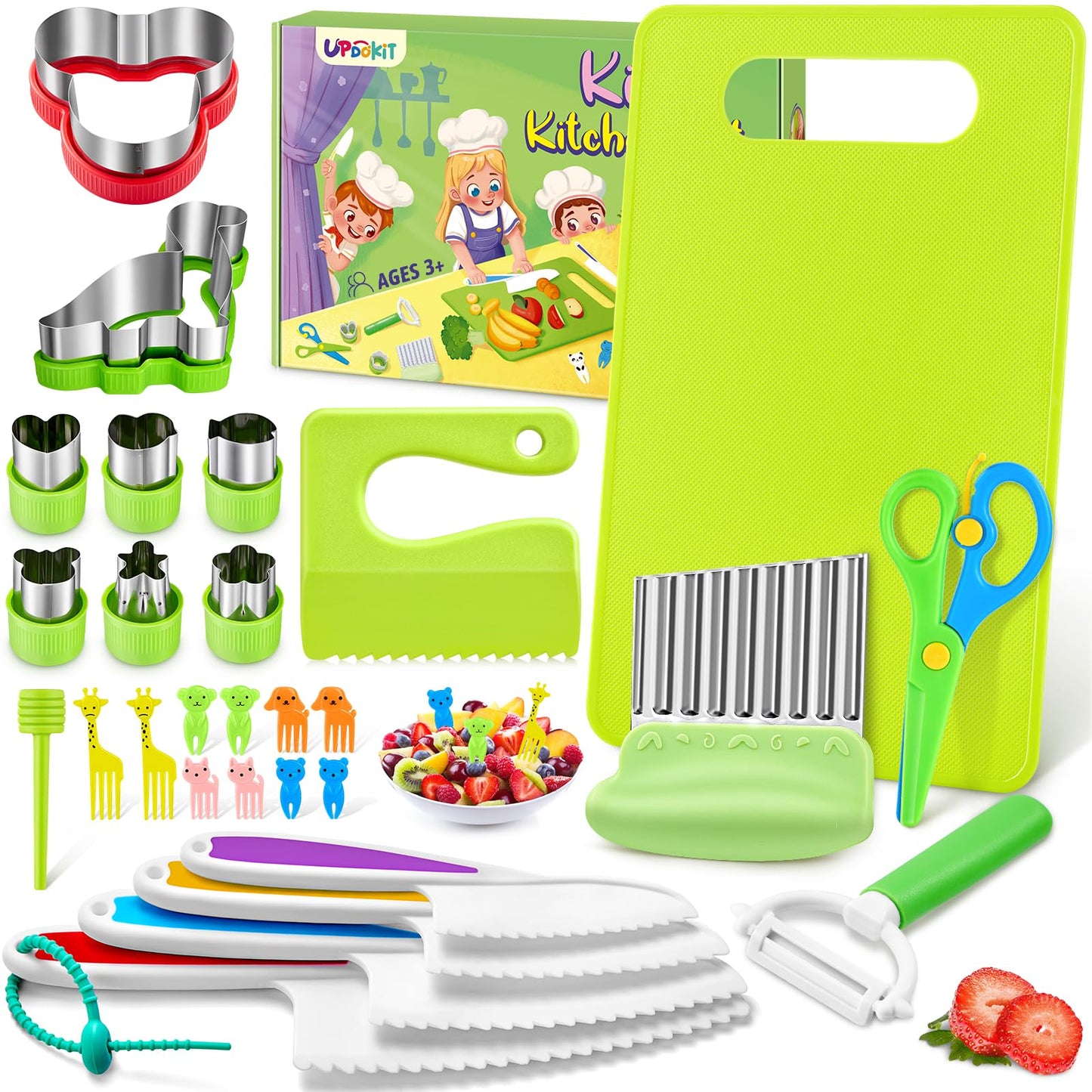 UPDOKIT Toddler Kitchen Safety Knives Set for Kids - 28 PCS Set with Tomato Knife, Crinkle Cutter, Plastic Knife, Y Peeler, Mini Chef Knives for Kids