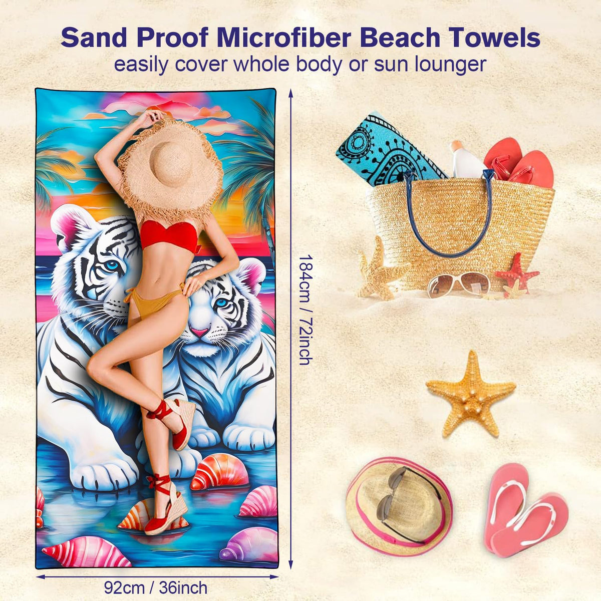 Violetpos White Tiger & Shells Beach Towel, Extra Large 180x90 cm 250GSM Microfibre, Sand Free Quick Dry