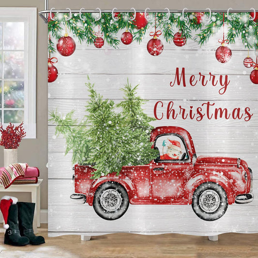 ASDCXZ Christmas Shower Curtain 180 x 200 cm, Retro Wood Grain Red Truck Snowman Christmas Tree Bathroom Washable Shower Curtains Polyester Textile