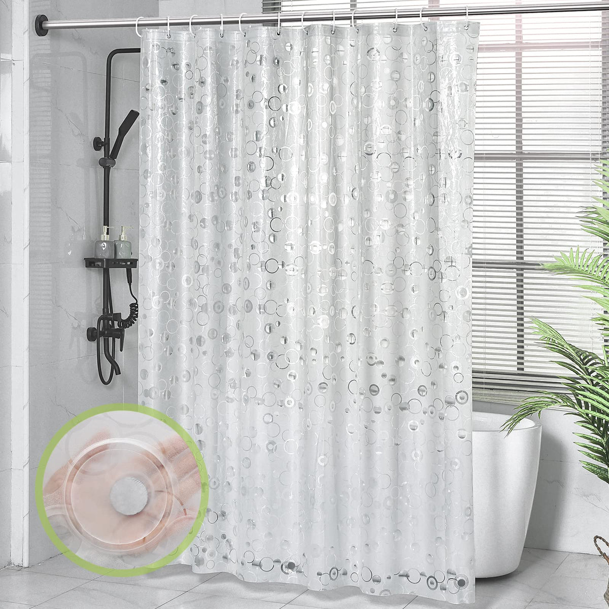 OTraki Shower Curtain 180 x 200cm, EVA Clear Shower Curtains Waterproof Mold Proof Shower Curtain with Magnets Hooks Long Shower Curtains for Bathroom