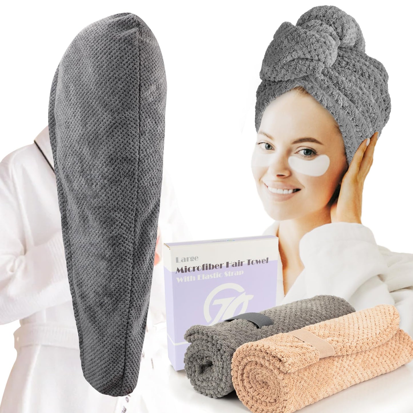 FREATECH 2-Pack Large Microfibre Hair Towel Wrap 86 x 26 cm, Thicken Super Absorbent Hair Turbans for Wet Hair, Anti-frizz Hair Drying Towel with
