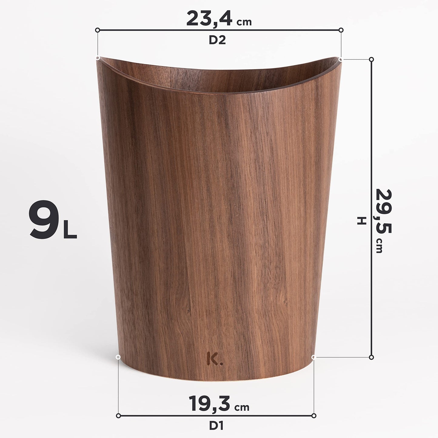 Kazai. Real Wood Waste Paper Bin Brje | Wooden Paper Basket for Office, Kids' Room, Bedroom and more | 9 liters | Walnut