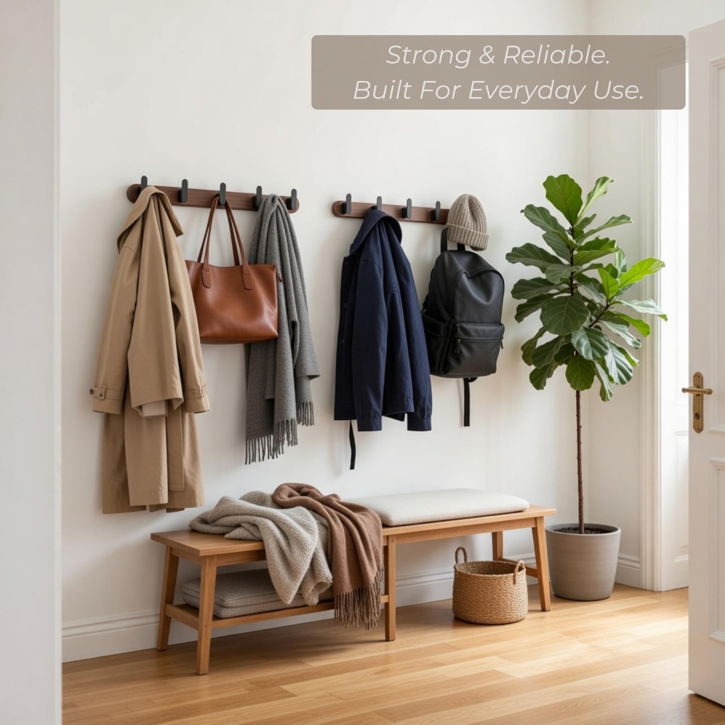Jugen Coat Hooks Wall Mounted – Solid Black Walnut Wooden Coat Rack, 5 Matte Black Heavy Duty Hooks for Coats, Clothes & Bags, Hidden Mount Design