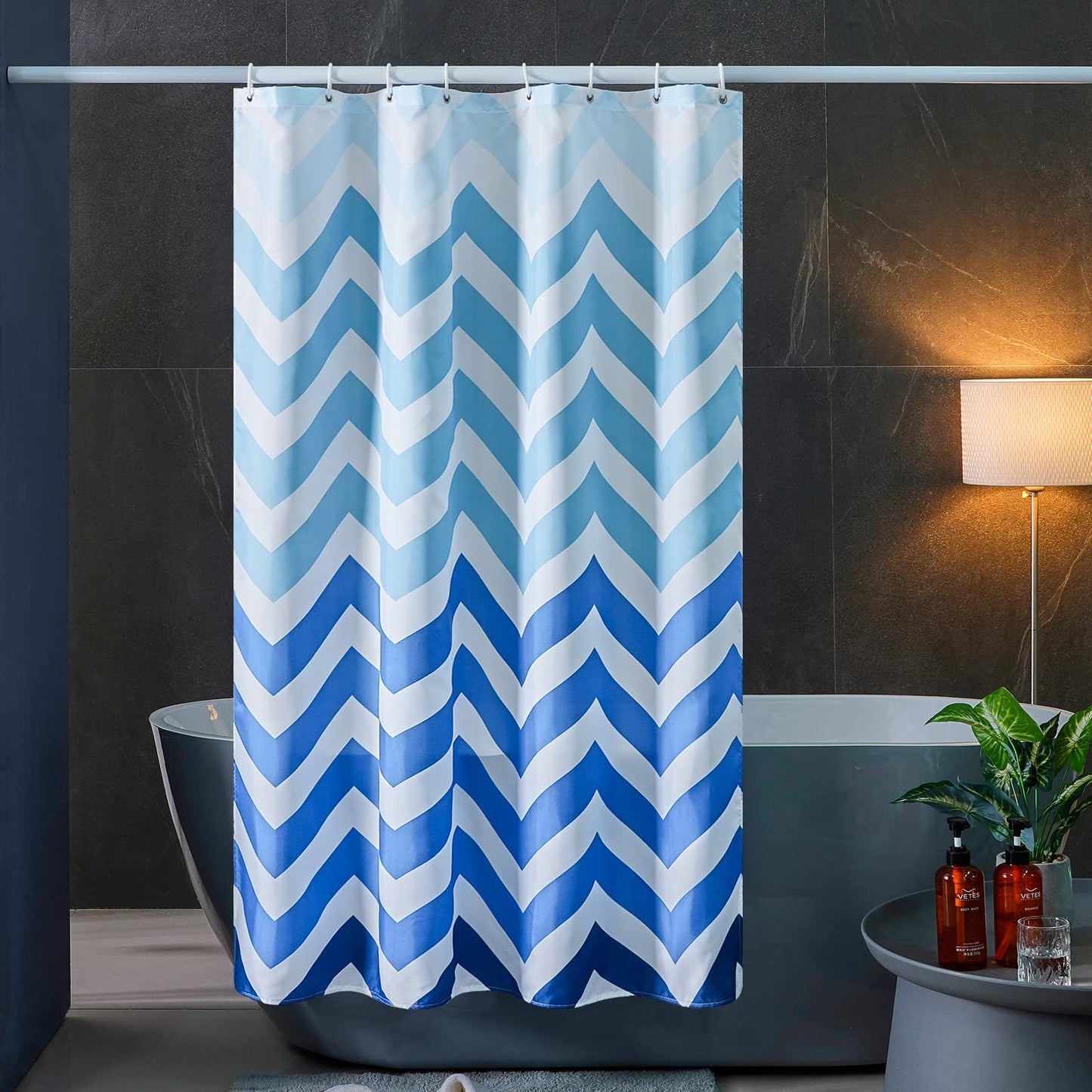 Furlinic 78"x78" Shower Curtain Polyester Mildew Resistant Waterproof Mould Proof Washable Bathroom Chevron Blue Fabric Curtains 200 x 200cm With 12