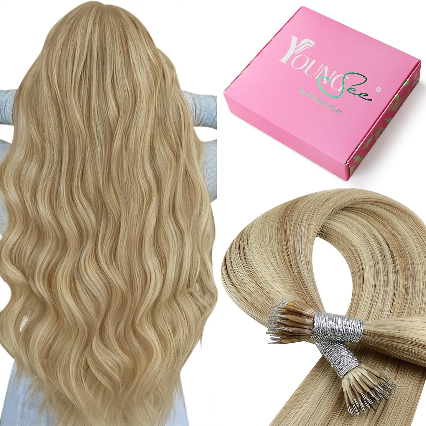 YoungSee Nano Beads Hair Extensions Blonde 14inch Nano Hair Extensions Warm Ash Blonde Highlights Bleach Blonde Nano Ring Hair Extension Highlight for