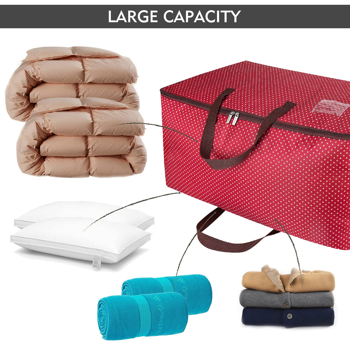 DOKEHOM 105L Large Underbed Clothes Storage Bag with Zip, Moisture proof (Red)